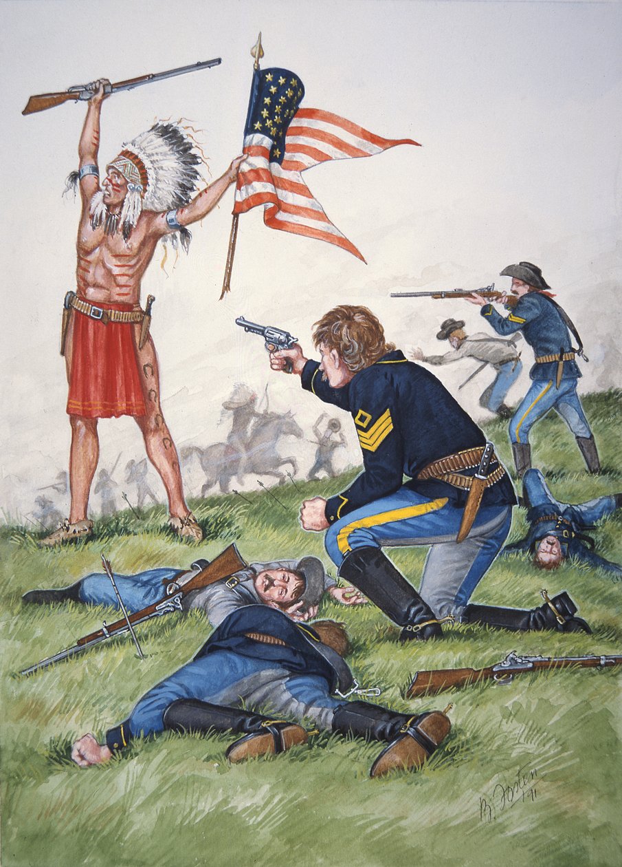 En sioux-kriger mod 7. regiment af det amerikanske kavaleri i slaget ved Little Bighorn, 25. juni 1876, fra et sæt på seks tableauer af Bryan Fosten