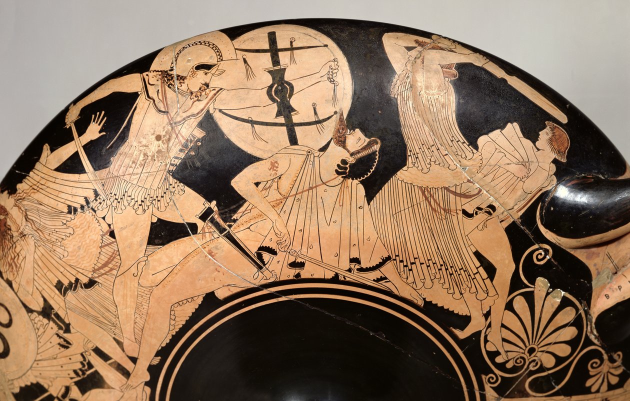 Attic rød-figur kop, der viser scener fra den trojanske krig, ca. 490 f.Kr. (keramik) (detalje) af Brygos Painter