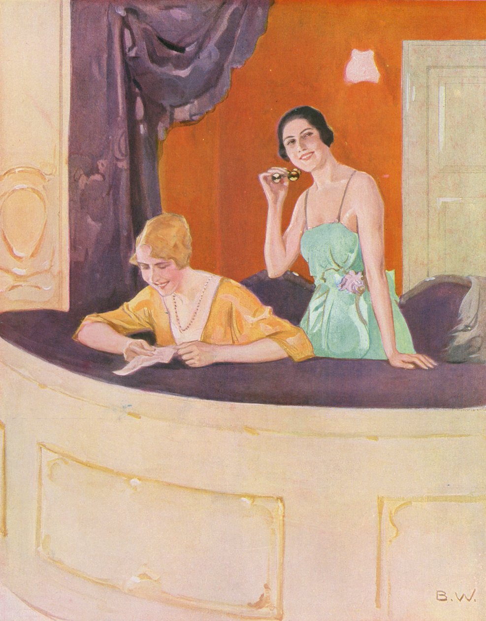 To kvinder i en loge i operaen (farvelitografi) af Brynolf Wennerberg