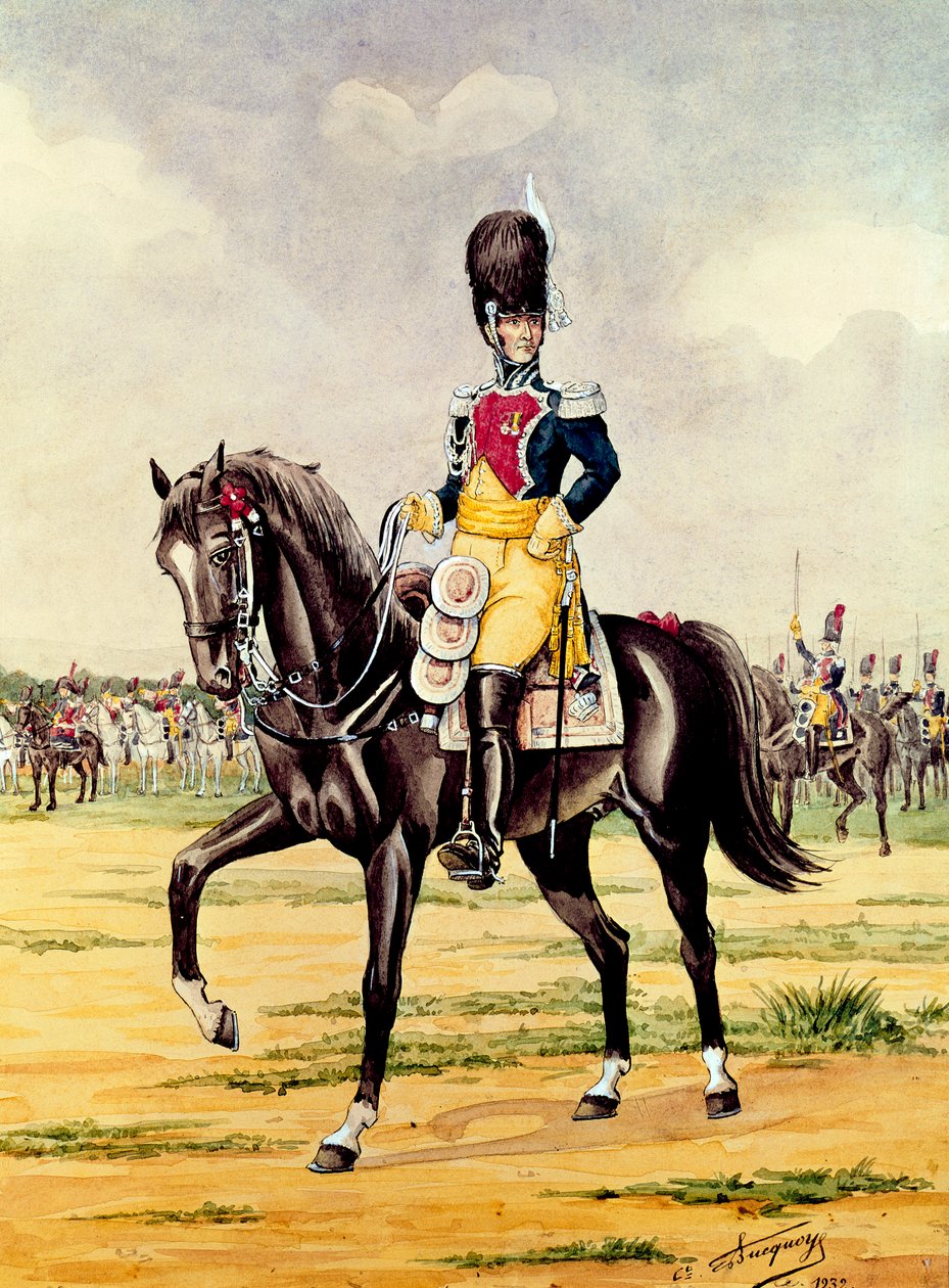 Anne Savary, hertug af Rovigo, gennemgår gendarmeriets tropper i 1801, 1932 (wc på papir) af Bucquoy