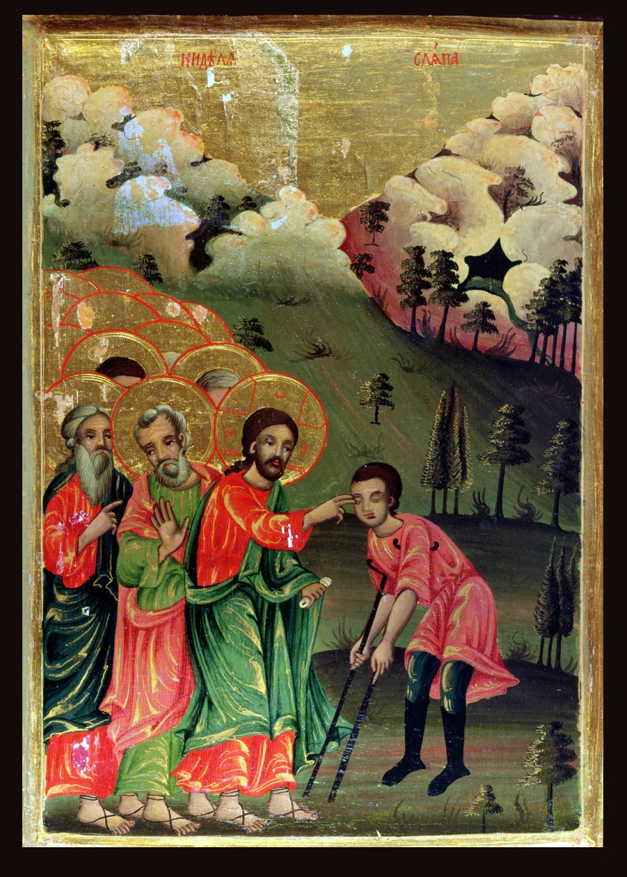 The Healing of the Blind Man, 1811 (tempera og bladguld på panel) af Bulgarian School