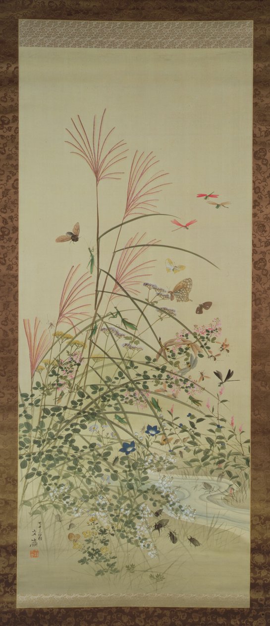 Efterårsblomster og insekter ved et vandløb, 1910 (blæk og farver på silke) af Bunrei Maekawa