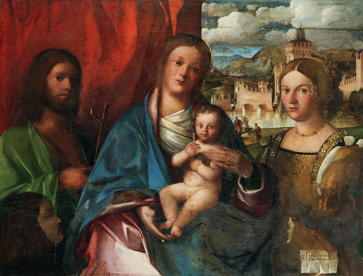 Jomfruen og barnet med de hellige Johannes Døberen, Katherine af Alexandria og Donator, Tidligt i det 16. af Buonconsiglio