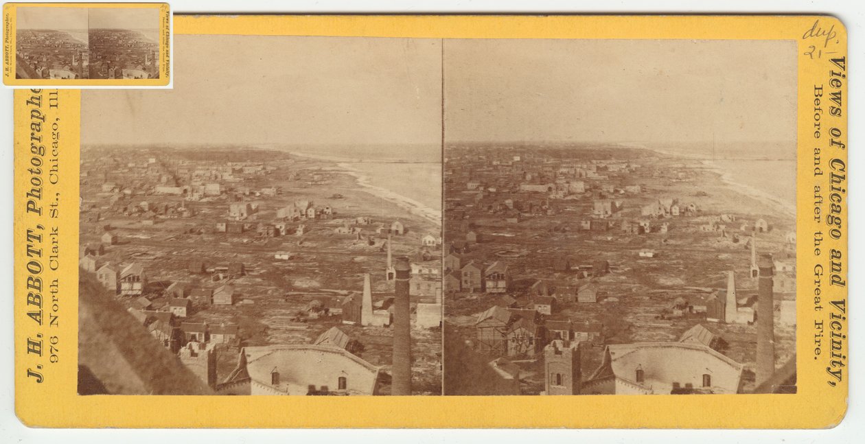 Stereograf af udsigten nordpå fra Water Tower efter Chicago-branden i 1871, 1871 (bw-foto på kortholder) af Burke and Koretke Burke and Koretke
