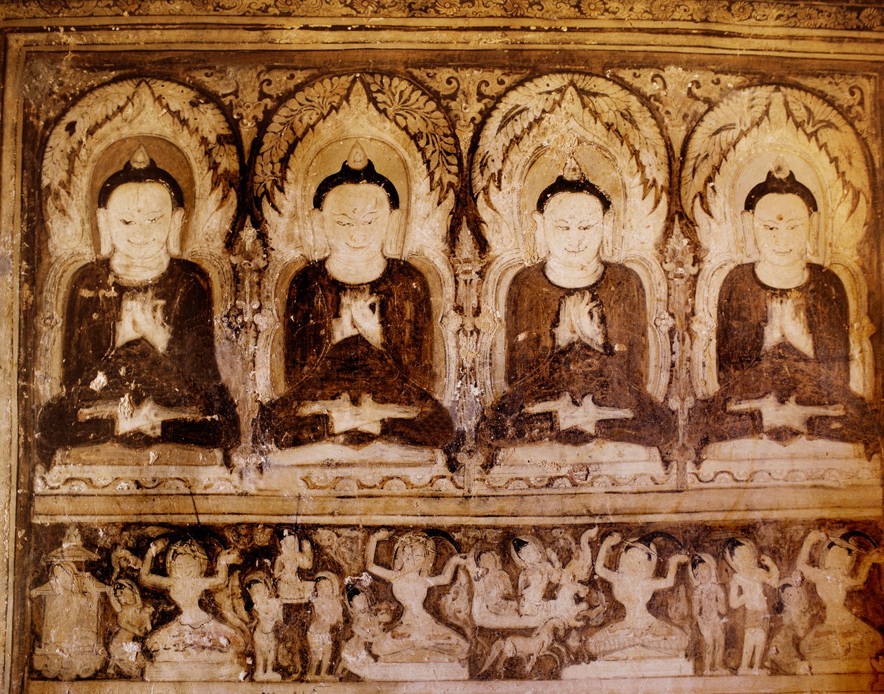 Fire Buddhaer (vægmaleri) af Burmese School