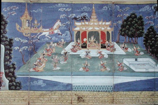 Ma 565 Kong Nimi i sin guddommelige vogn sendt af Indra og ledet af englen Matali, besøger himlen og finder kvinder af uforlignelig skønhed, fra Nimi Jataka, 1869 af Burmese School