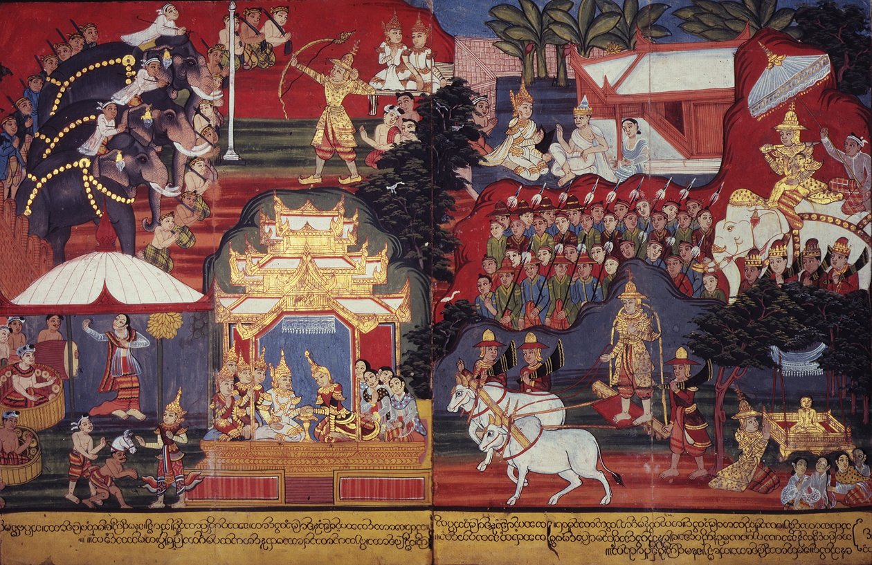 Eller 14297 fol.8-9 The Future Buddha Grows Up, ca. 1800-20 (gouache på papir) af Burmese School