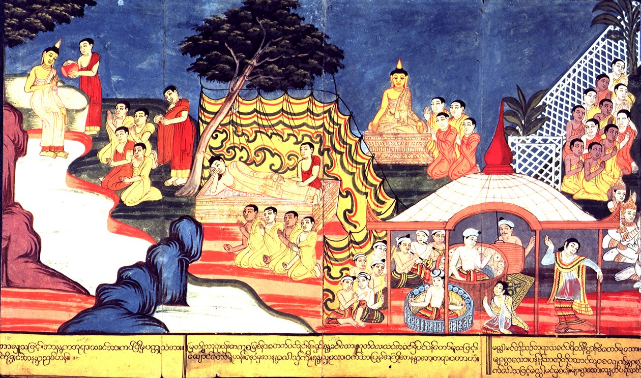 Eller 14298 fol.16-17 Buddhaen bader, ca. 1800-20 (gouache på papir) af Burmese School