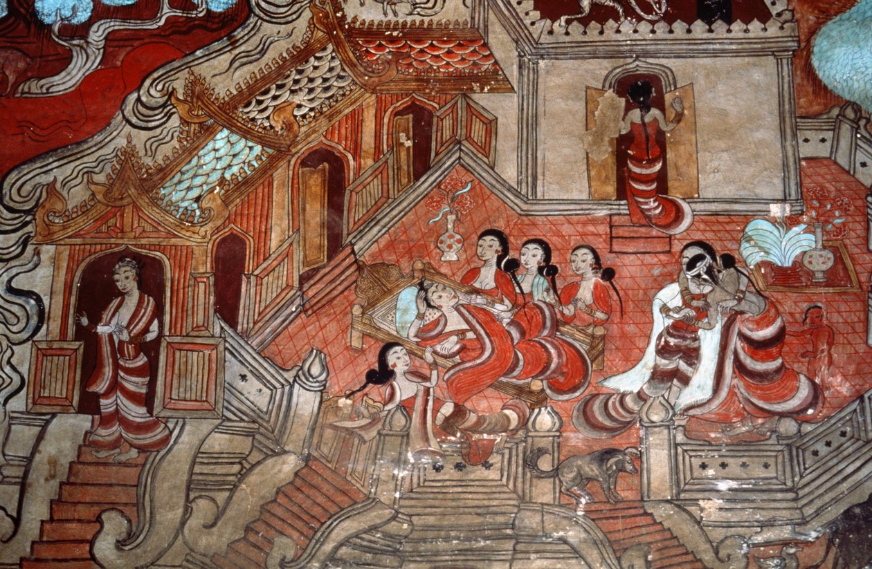 Scener fra en Bodhisattvas liv, 1776 (vægmaleri) af Burmese School
