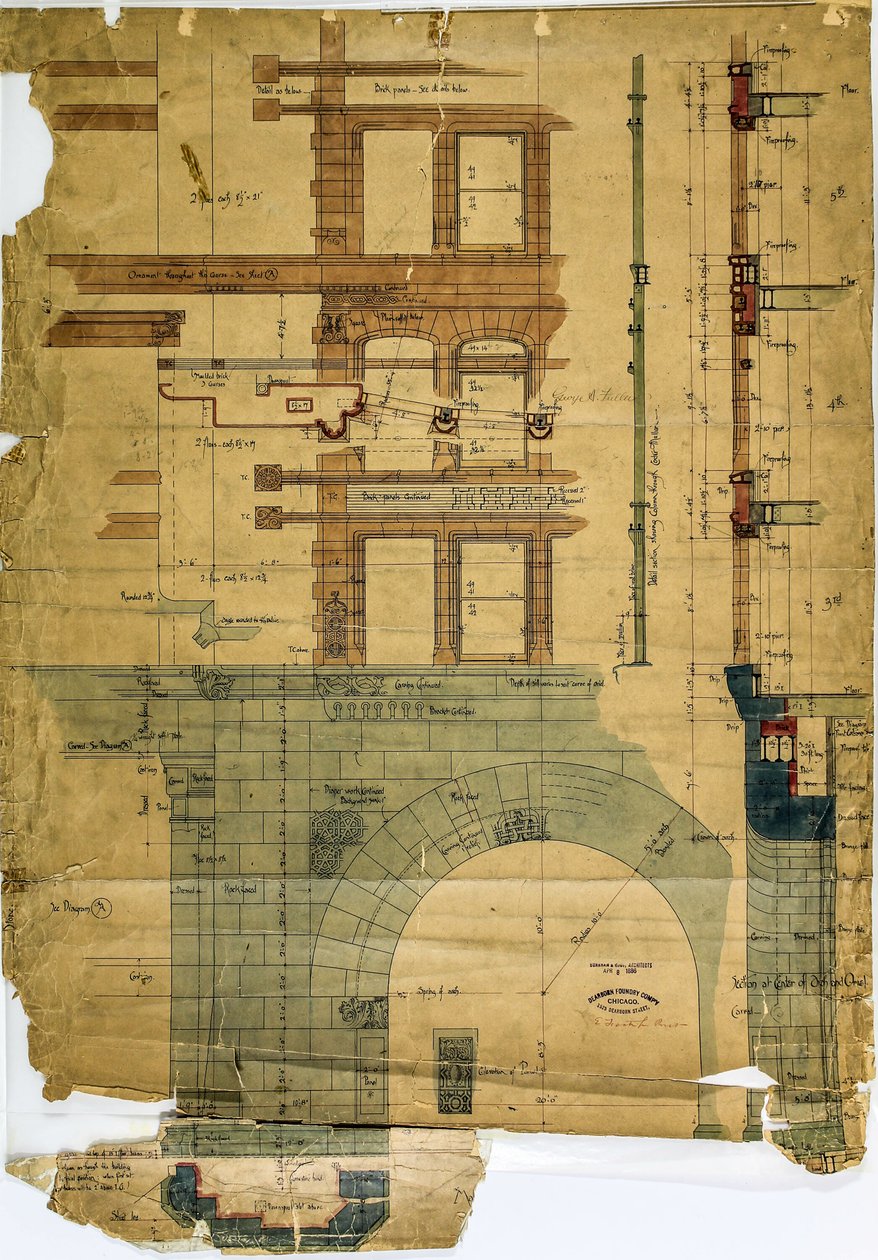 Rookery Building, Chicago, Illinois, Elevation og Sektion af Burnham and Root