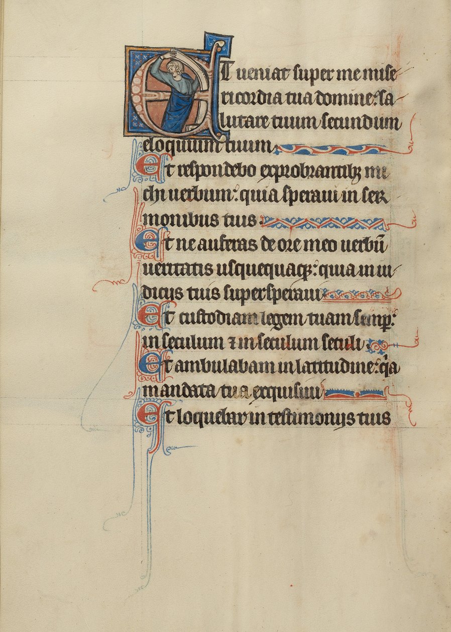 Initial E: En mand, der holder en skriftrulle af Bute Master
