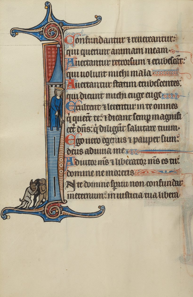 Initial I: David på toppen af et tårn, der peger på tre dæmoner nedenunder af Bute Master