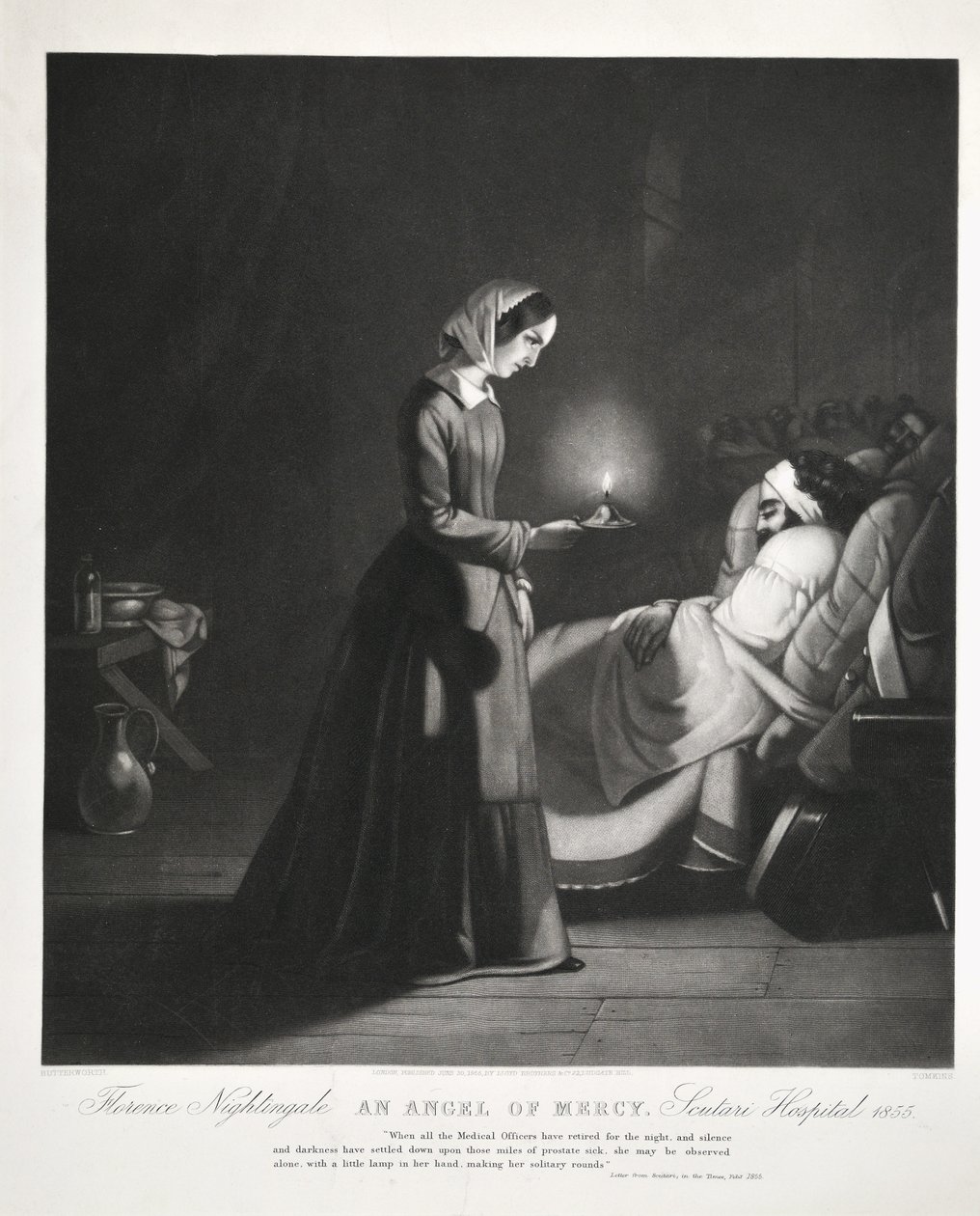 Florence Nightingale, An Angel of Mercy, Scutari Hospital, indgraveret af Tomkins, 1855 af Butterworth