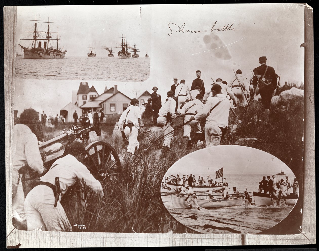 Kopifotografi af en tidligere fotomontage af tre billeder af Naval Reserves på Fishers Island, 1891 (fotografisk tryk) af Byron Company