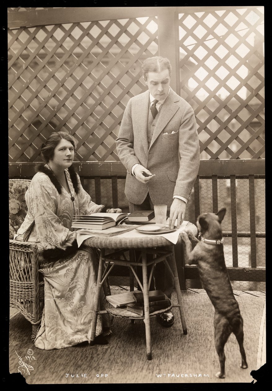 Julie Opp og William Faversham med deres Boston Terrier, 1914 (sølvgelatineprint) af Byron Company