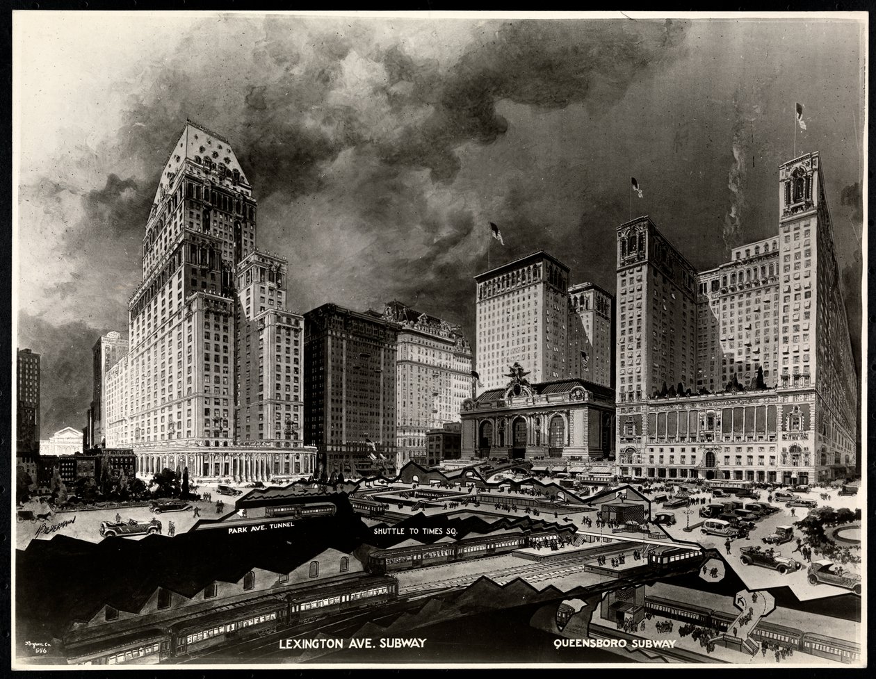 Fotografi af en tegning af metroruter omkring Pershing Square af H. Biedermann, 1919 (sølv gelatinetryk) af Byron Company