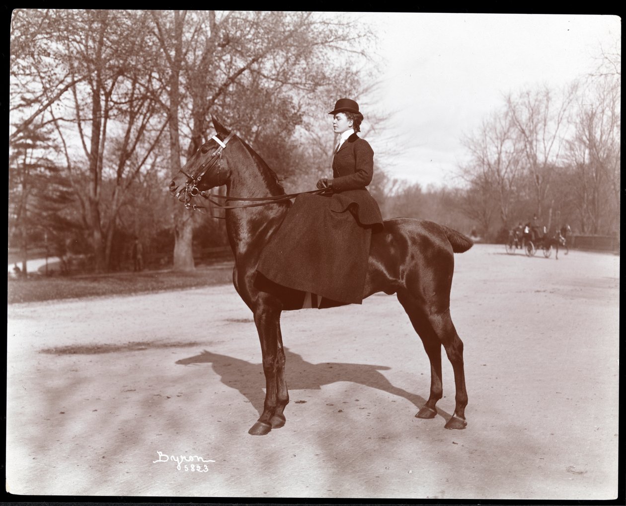 Portræt af Miss. Beach poseret på en hest på ridestien i Central Park, 1898 (sølv gelatinetryk) af Byron Company