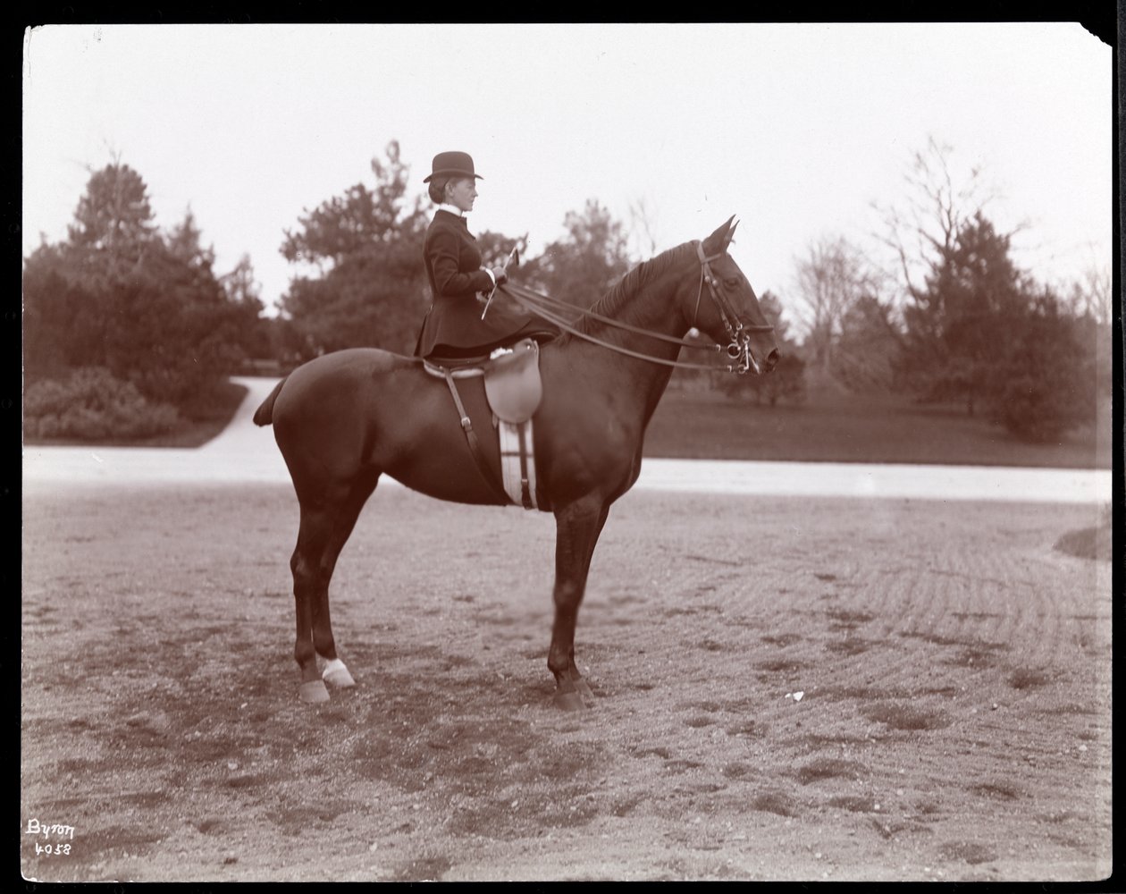 Portræt af Mrs. Beach på en hest på ridestien i Central Park, 1898 (sølvgelatineprint) af Byron Company