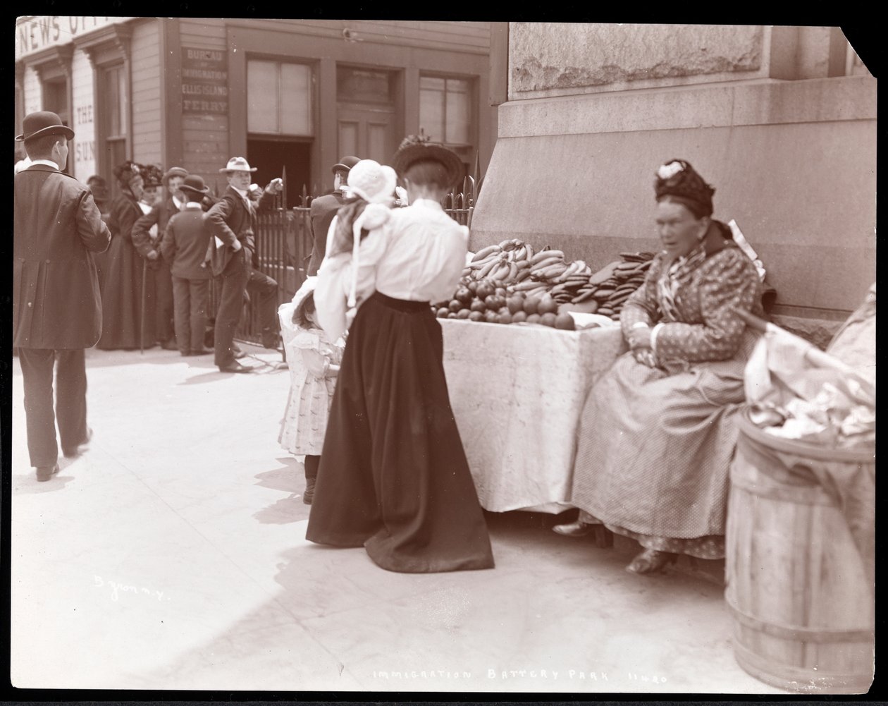 Udsigt over en frugthandler ved Battery Park, der formentlig venter på immigranter fra Ellis Island, New York, ca. 1901 (sølv gelatinetryk) af Byron Company