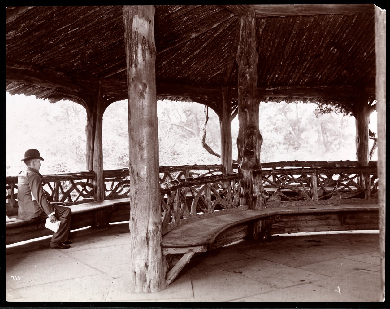Udsigt af en mand siddende i en rustik landskabspavillon i Central Park, New York, 1895 (sølv gelatinetryk) af Byron Company