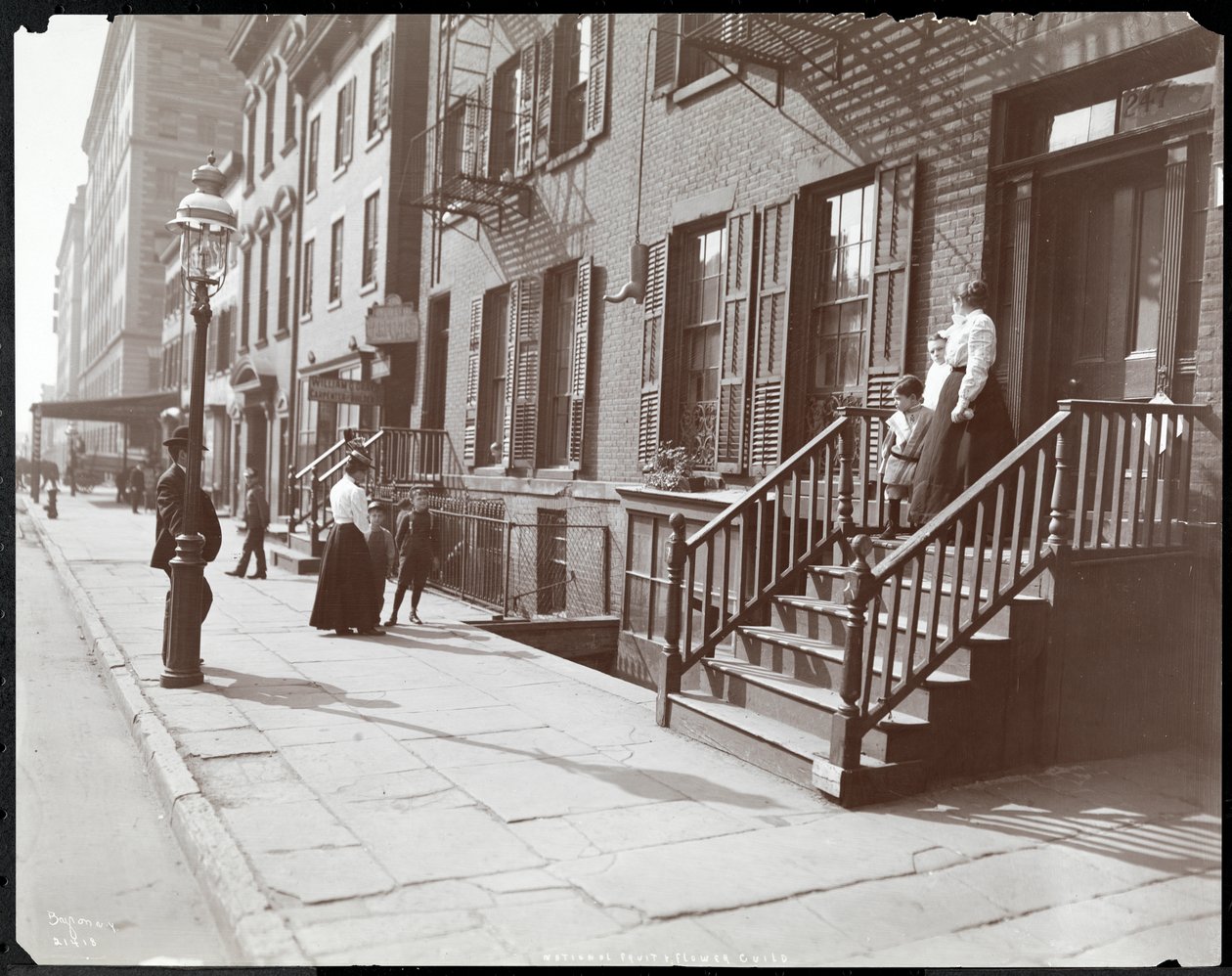 Kvinder og børn på og ved trappen til National Fruit und Flower Guild, 247 Spring Street, 1906 (sølvgelatineprint) af Byron Company