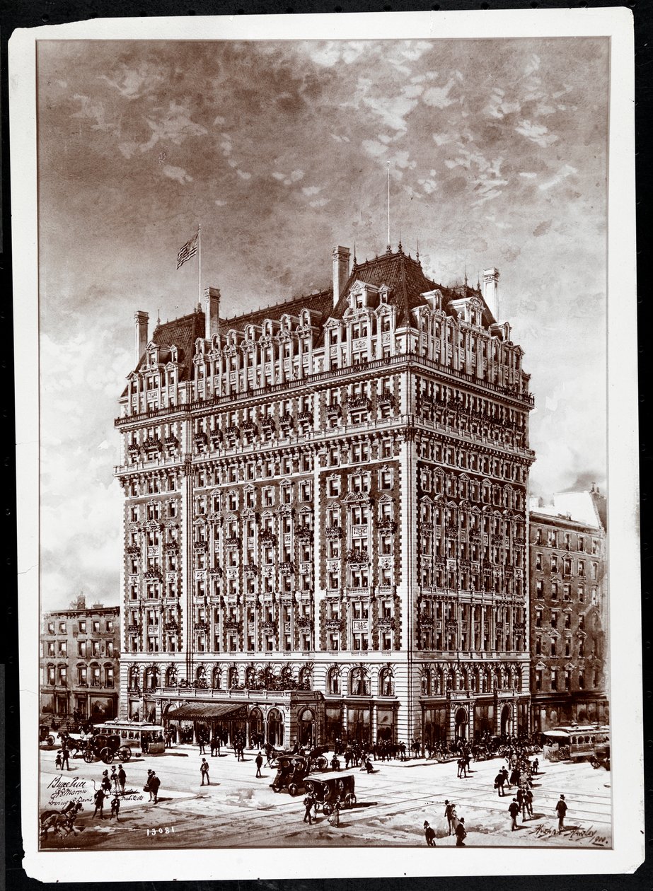 Fotografi af en tegning af Hotel Knickerbocker, sydøstligt hjørne, 42nd Street og Broadway, New York, 1900, af Hughson Frederick Hawley (1850-1936), trykt i 1902 af Byron Company