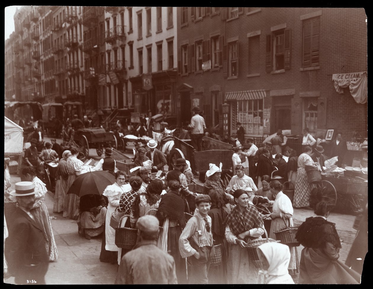 Udsigt til menneskemængden og kræmmerne på Hester Street, New York, 1899 (sølvgelatineprint) af Byron Company