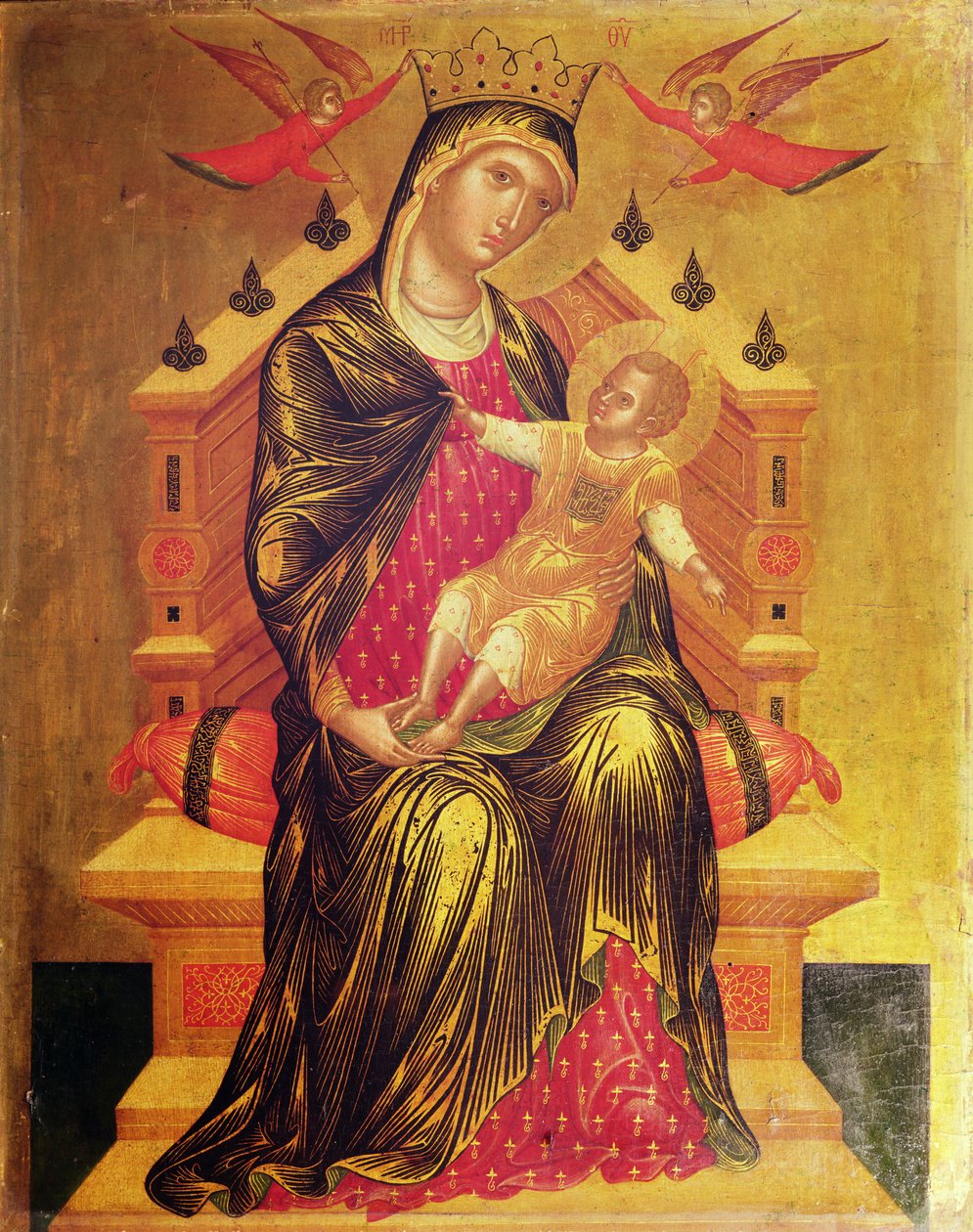 Madonna og barn troner med to engle (tempera på panelet) af Byzantine