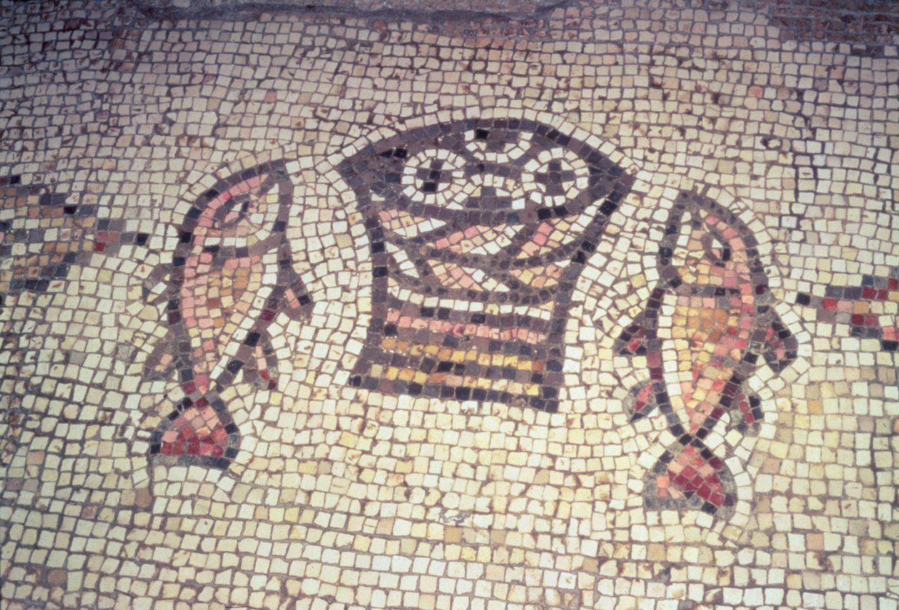 Miraklet om brødet og fiskene, 5.-6. århundrede e.Kr. (mosaik) af Byzantine