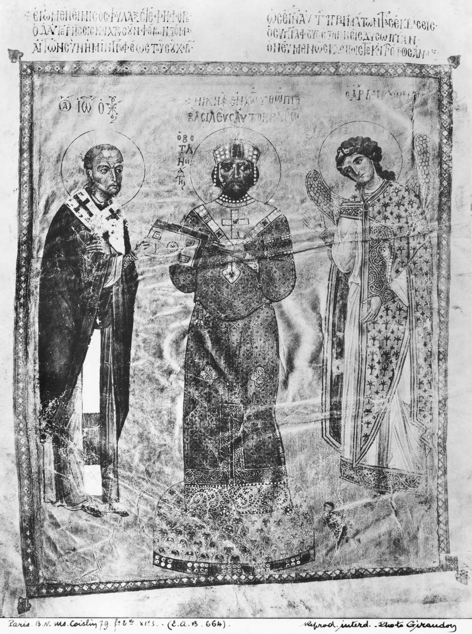 Ms Coislin 79 f.2v kejser Nicephorus III Botaniates (reg.1078-81) mellem St. John Chrysostom (c.347-407) og ærkeenglen Michael, ca.1078 af Byzantine
