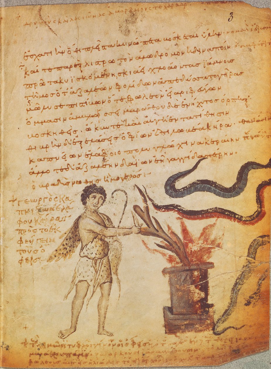 Ms Supp Grec 247 fol.3 En hyrde, der brænder gevirer for at forvise slanger, fra Theriaca af Nicander af Colofon (fl. 2. århundrede f.Kr.) af Byzantine