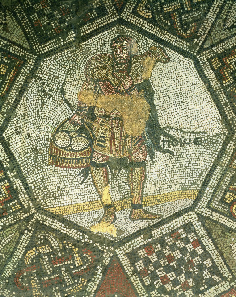Bonde, der bærer et moderfår og en kurv med ost, fra det kejserlige palads i Konstantinopel, 5.-6. århundrede (mosaik) af Byzantine