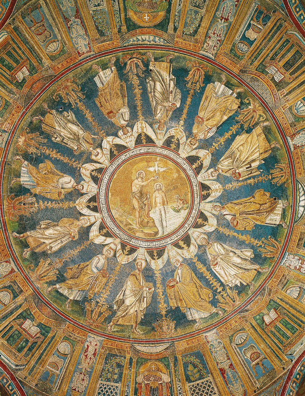 Kristi dåb omgivet af apostlene, fra hvælvet i den centrale kuppel (mosaik) af Byzantine