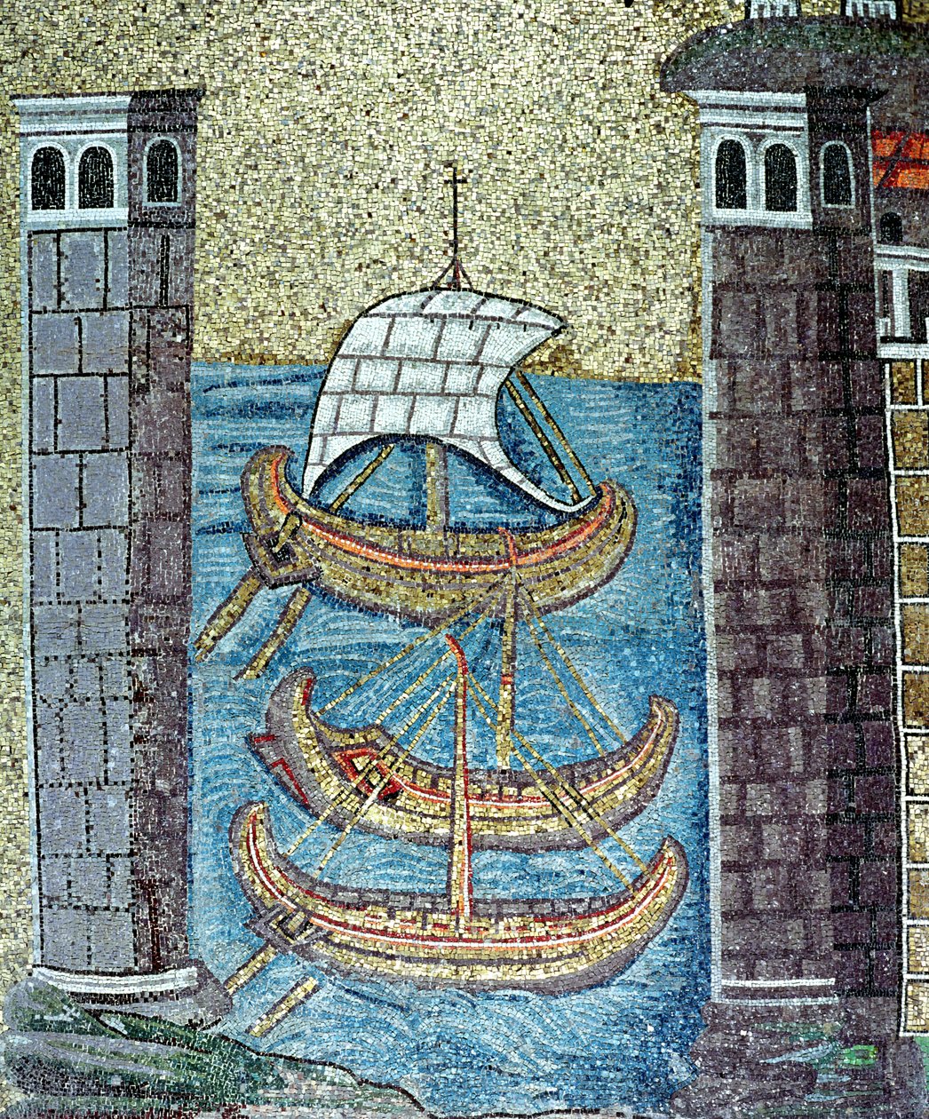 Tre skibe anløber havnen i Ravenna, detalje fra skibet (mosaik) af Byzantine