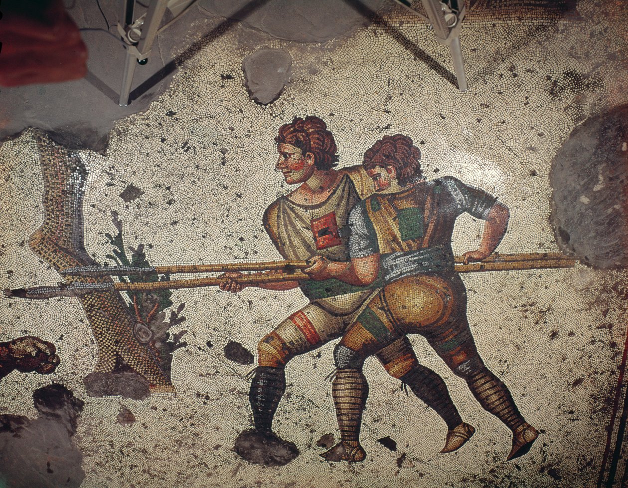 To mænd, der kæmper mod en tiger, gulvbelægning fra Grand Imperial Palace, Konstantinopel, 5.-6. århundrede (mosaik) af Byzantine