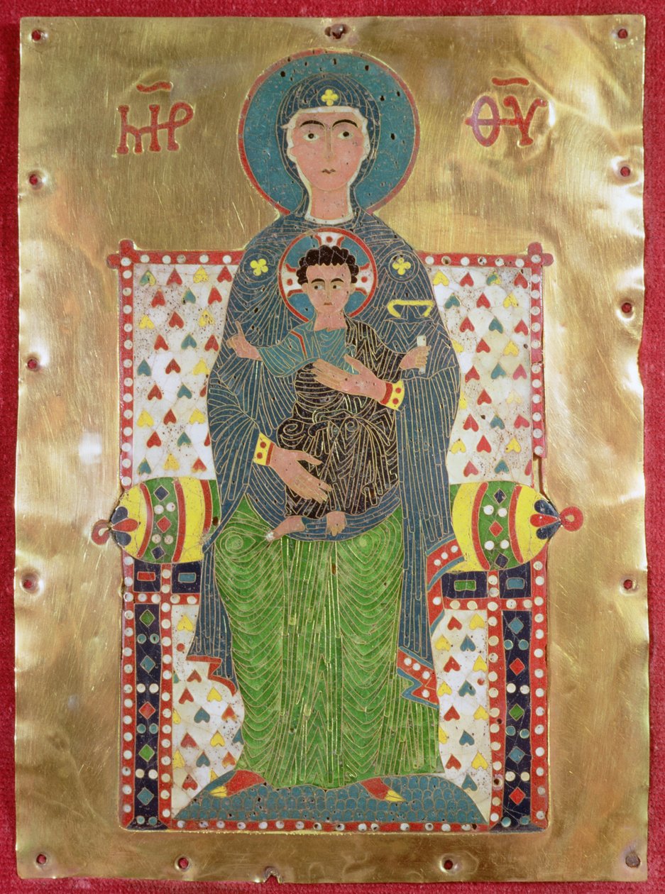 Virgin and Child Enthroned (guld og cloisonne emalje) af Byzantine