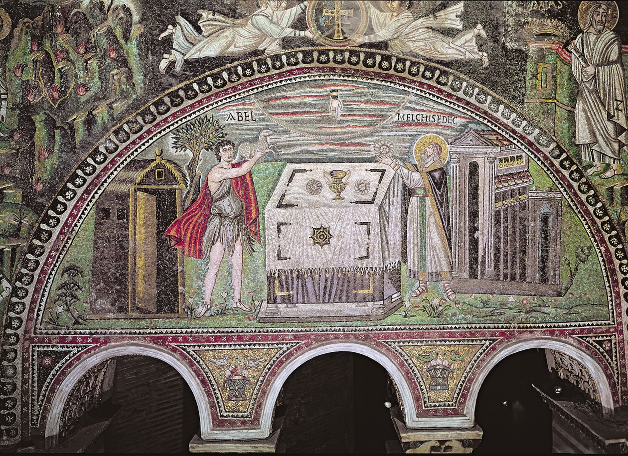 Abel ofrer et lam og Melkisedek ofrer brød ved alteret, lunette på basilikaens sydvæg (mosaik) af Byzantine School