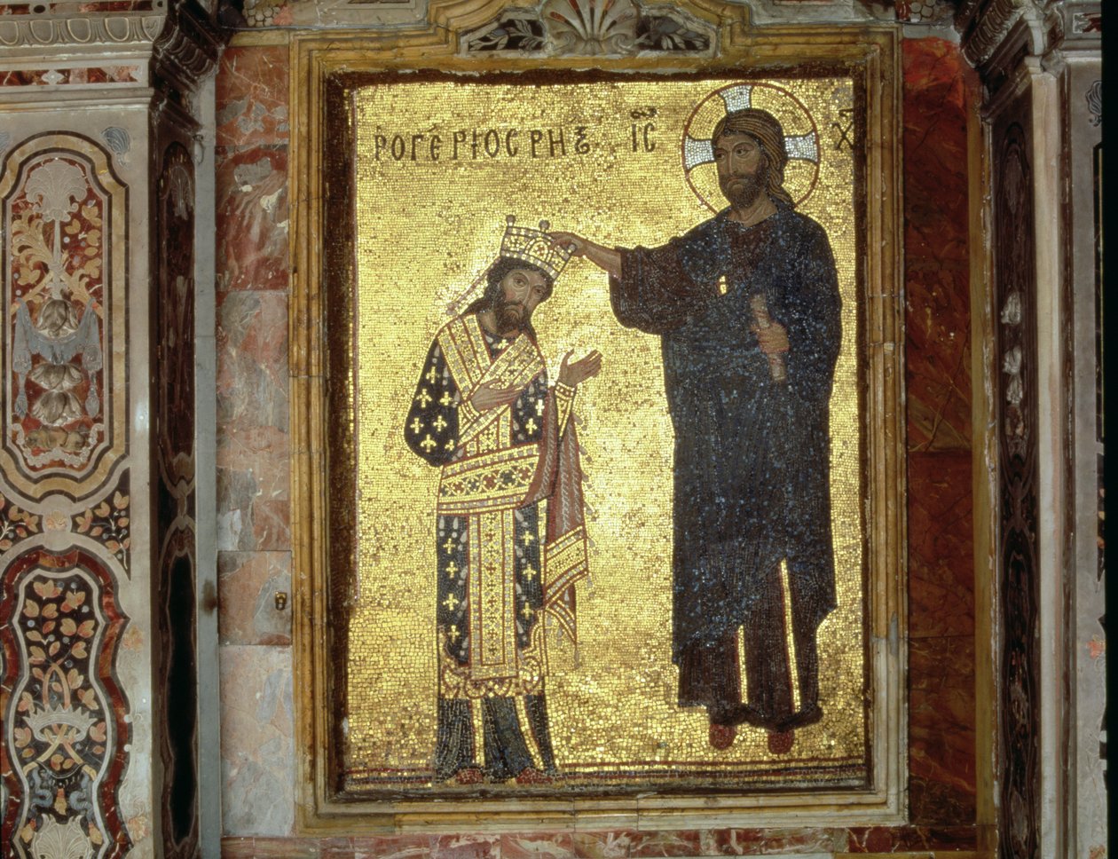 Kristus kroner konge Roger II af Sicilien (1093-1154) (mosaik) af Byzantine School