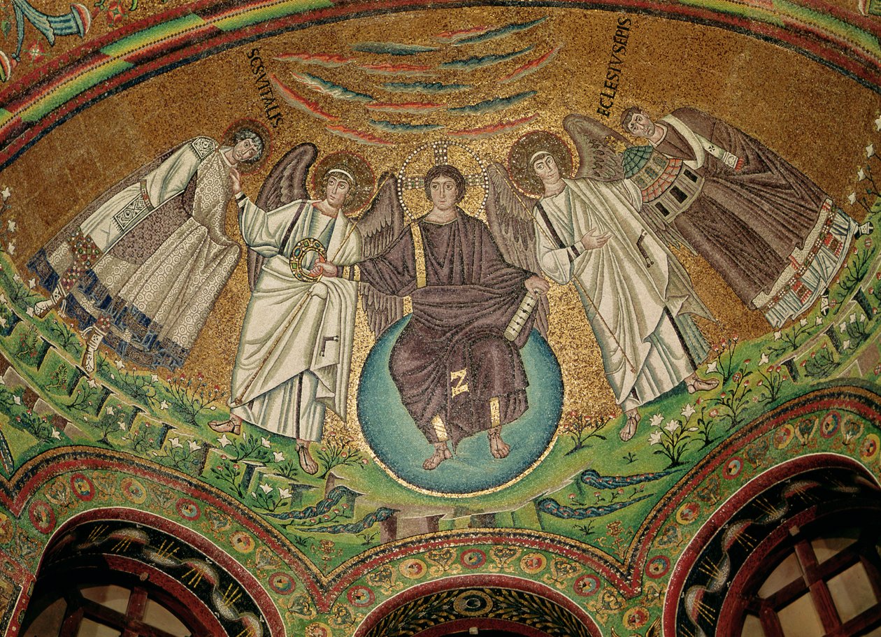 Kristus omgivet af to engle, St. Vitalis og biskop Ecclesius, fra apsis (mosaik) af Byzantine School