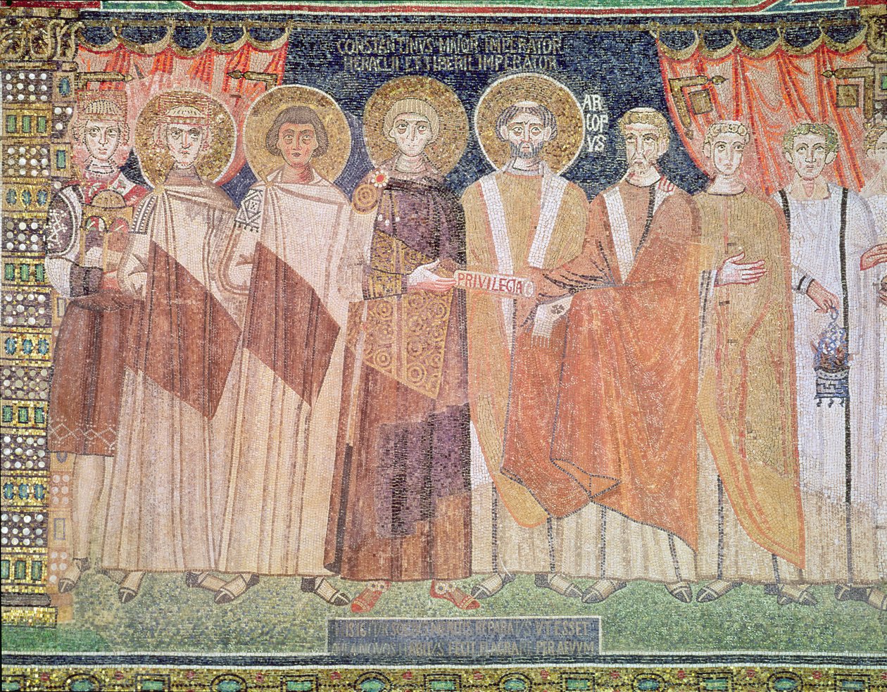 Konstantin IV giver biskop Reparatus privilegier til kirken Ravenna, 671-77 (mosaik) af Byzantine School