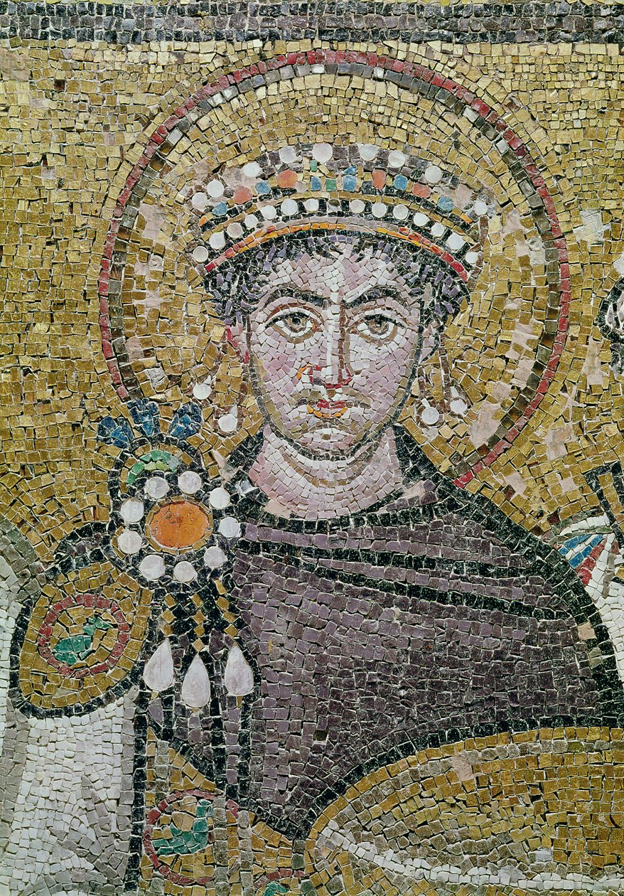 Kejser Justinian I (483-565) ca. 547 e.Kr. (mosaik) (detaljer fra 83451) af Byzantine School