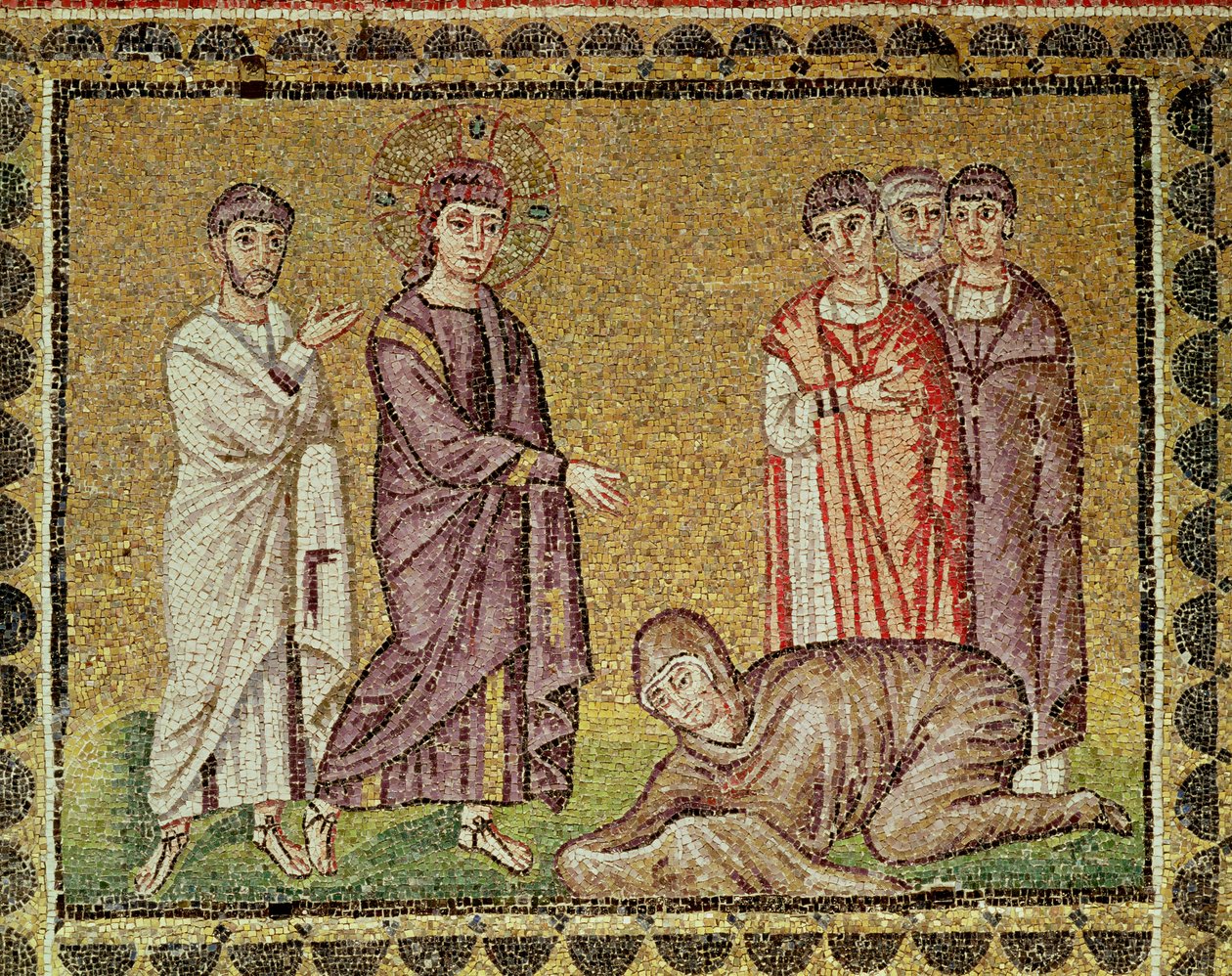 Jesus helbreder kvinden, der bløder, scener fra Kristi liv (mosaik) af Byzantine School