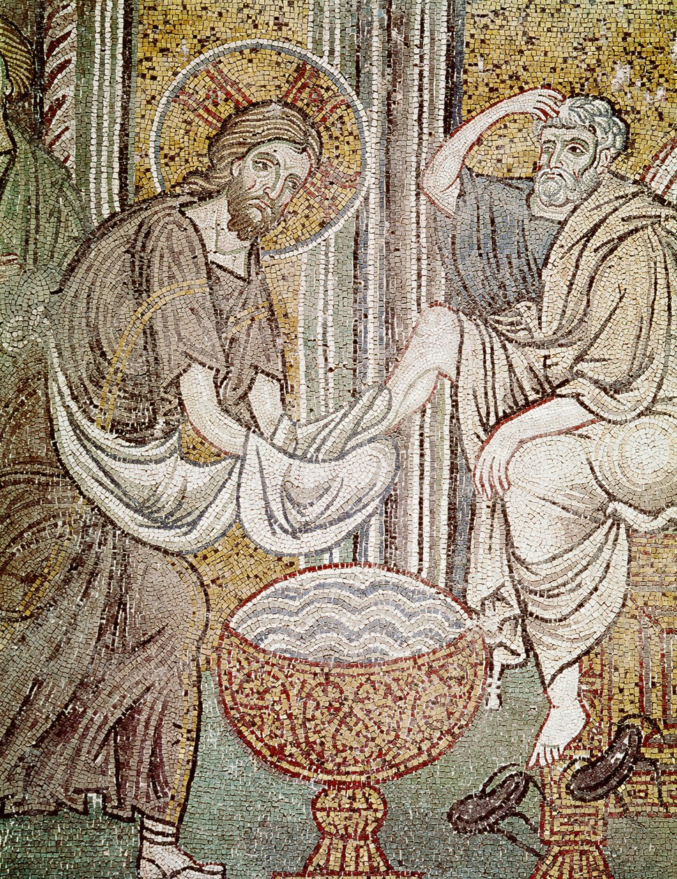 Jesus og St. Peter, detalje fra Jesus, der vasker apostlens fødder (mosaik) af Byzantine School