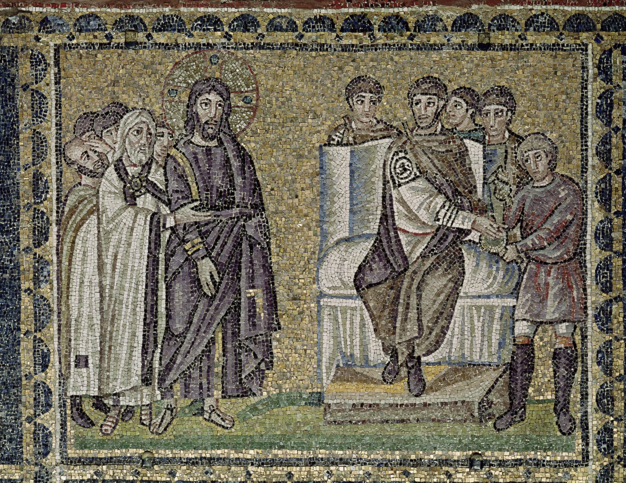 Jesus før Pontius Pilatus (mosaik) af Byzantine School