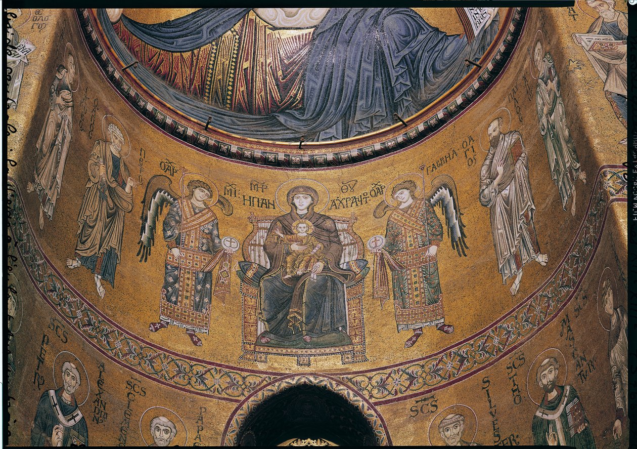 Madonna og barn tronet med engle og apostle, fra den centrale apsis (mosaik) af Byzantine School