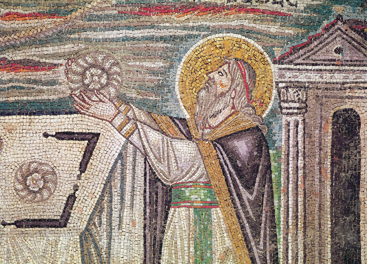 Melchisedech byder på brød ved alteret, en detalje af lunetten på den sydlige væg, der viser Abels og Melkisedeks ofre (mosaik) af Byzantine School
