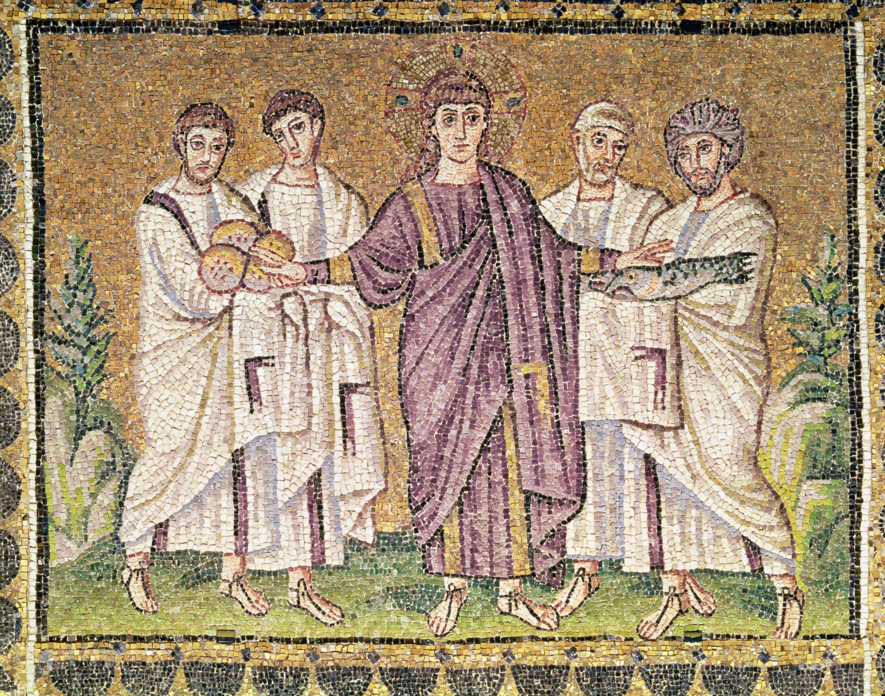 Multiplikation af brød og fisk, scener fra Kristi liv (mosaik) af Byzantine School