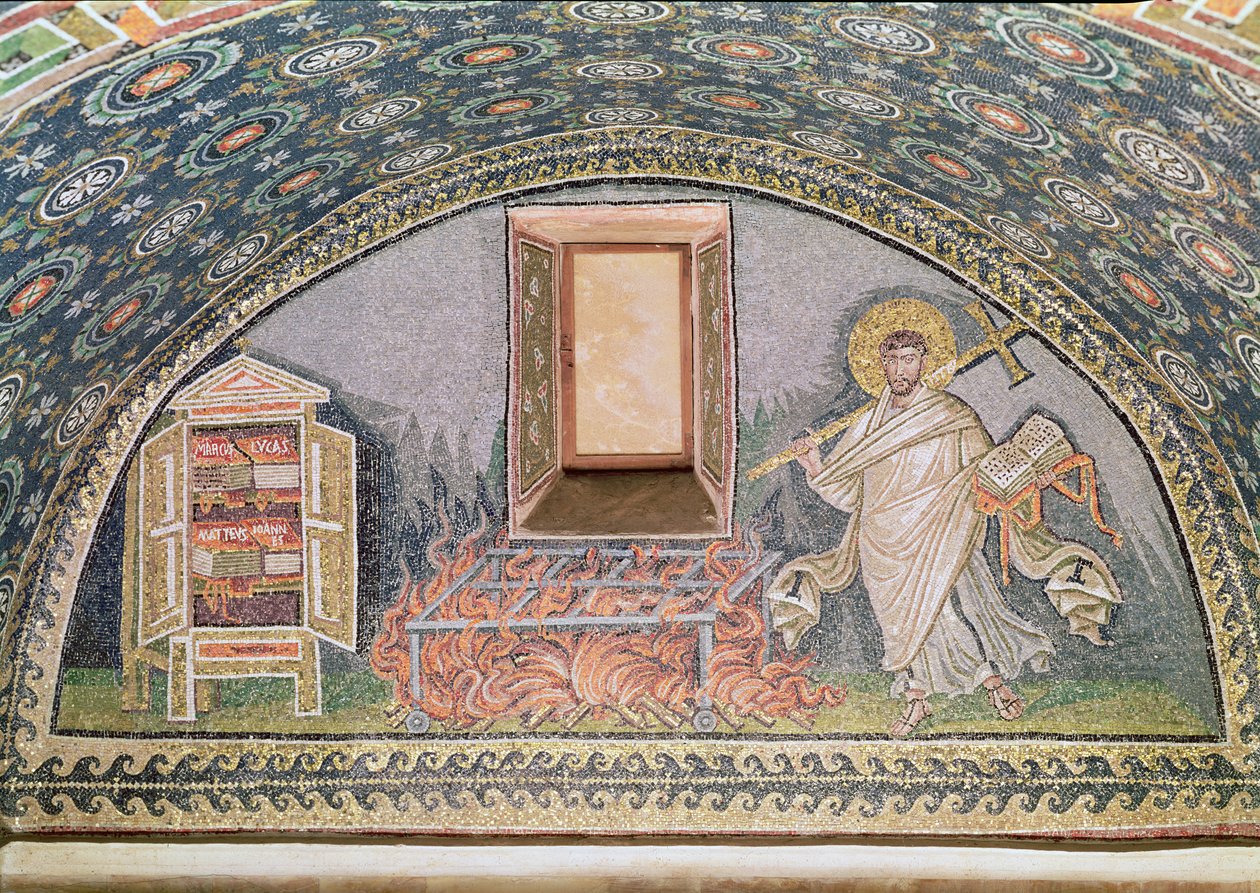 Sandsynligvis Saint Lawrence, martyrdød på en jerngrill (mosaik) (detaljer fra 182913) af Byzantine School