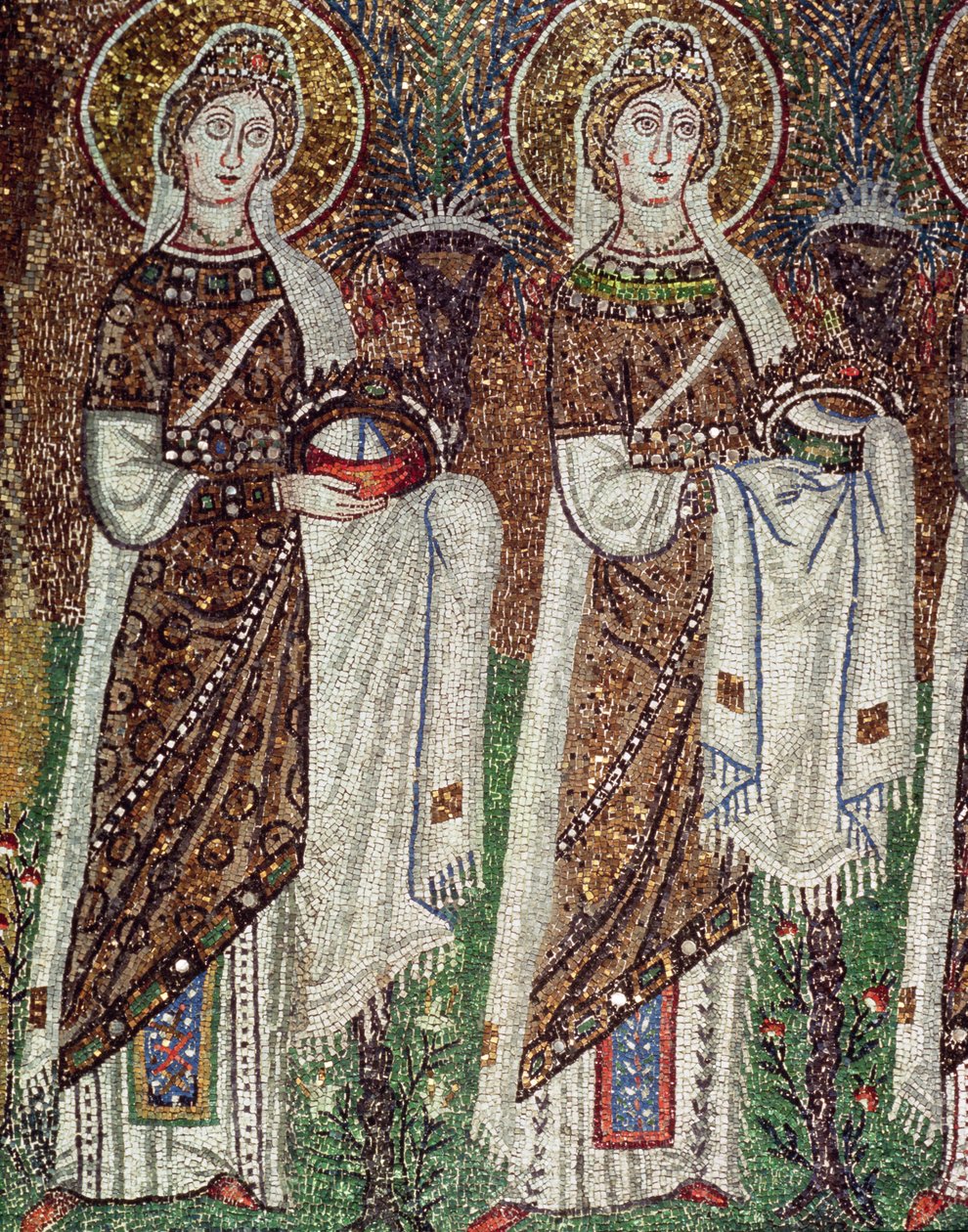 Procession af Jomfru Martyrer, 527-99 (mosaik) (detalje af 58073) af Byzantine School