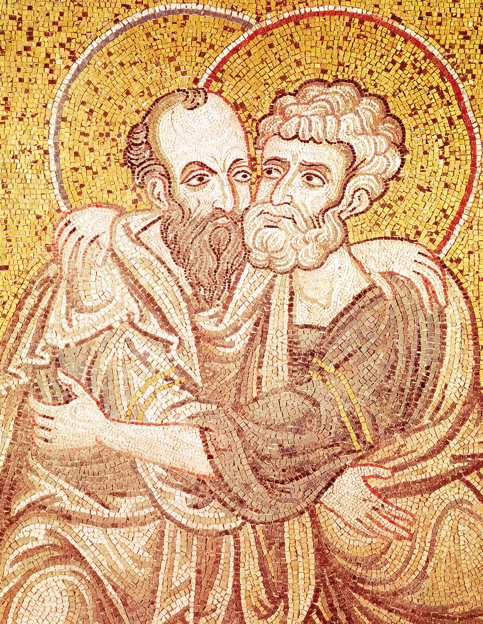 SS. Peter og Paul Embracing (mosaik) af Byzantine School
